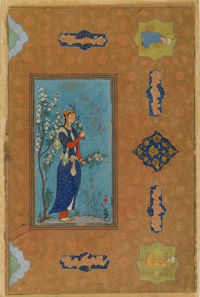 Kvinde med en spray af blomster, Safavid Periode, ca. 1575 (wc & guld på papir) af Persian School