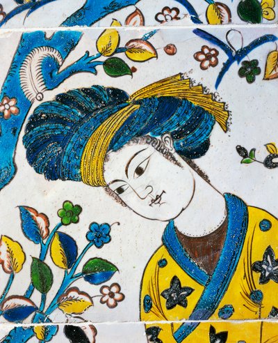 Ung mand med turban, leger i haven, detalje fra keramisk flise fra Chehel Sotoun, Isfahan, persisk civilisation af Persian School