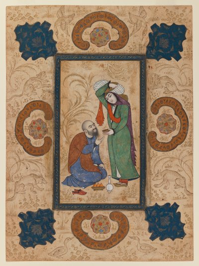 Ung kvinde tilbyder vin til en vismand (blæk og uigennemsigtigt toilet på papir) af Persian School