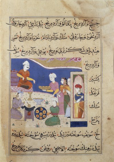 f.83v Tilberedning af slik til sultanen af Mandu, fra et manuskript om indisk madlavning (vellum) af Persian School