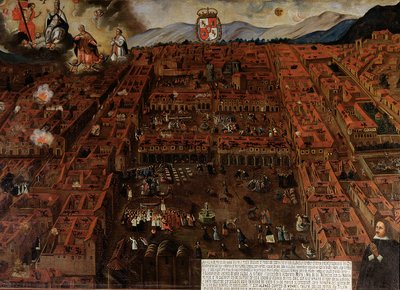 Udsigt over Cuzco på tidspunktet for jordskælvet i 1650 af Peruvian School