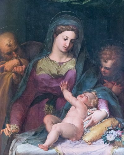 Madonna og barn med den unge St John, før 1585, Pieter de Witte (olie på panel) af Peter (1548 1628) Candid