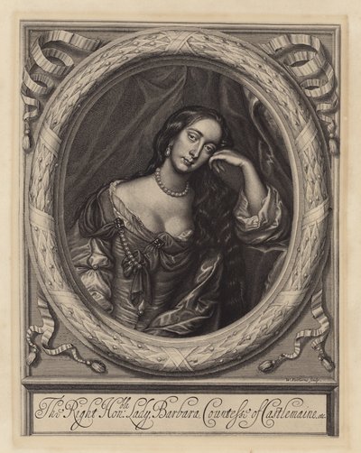 Barbara Villiers, grevinde af Castlemaine, elskerinde til kong Charles II (gravering) af Peter (after) Lely