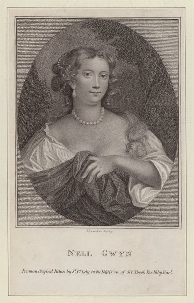 Nell Gwyn, elskerinde til kong Charles II (gravering) af Peter (after) Lely
