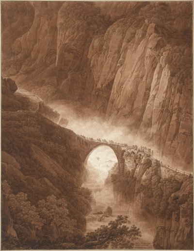 Djævlebroen i Schöllenens kløft på vej over St. Gotthard-passet med et muldyrtog af Peter Birmann
