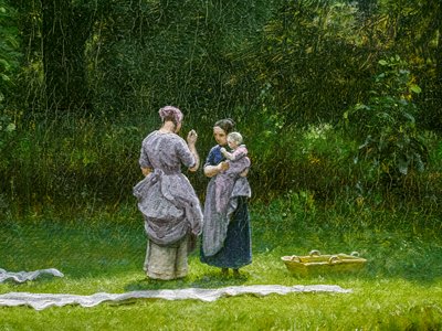 Blegning af linned i en lysning, detalje af Peter Christian Skovgaard