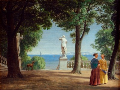 Udsigt mod Kullen fra en haveterrasse med statuer (olie på lærred) af Peter Christian Skovgaard