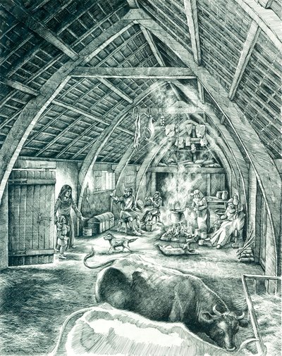Middelalderlig bondehus, c13.-15. århundrede, c1980-2010 af Peter Dunn