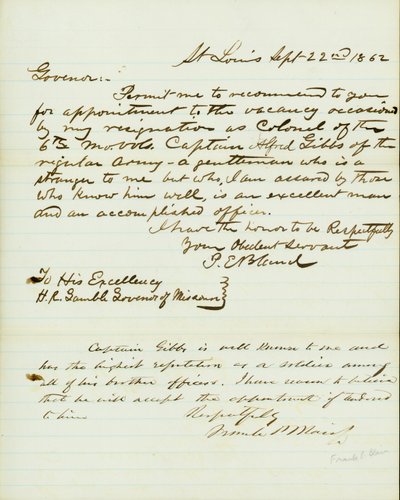 Brev signeret P.E. Bland, St. Louis, til H.R. Gamble, guvernør i Missouri, 22. september 1862 af Peter E. Bland