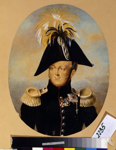 Portræt af zar Alexander I Pavlovich (1777-1825) (Portræt af kejser Alexander I) iført forskellige æresudmærkelser, herunder korset med sort og guldbånd, den kejserlige og militære Sankt Georgs orden (1. til venstre), båndet kryds r af Peter Ernst Rockstuhl