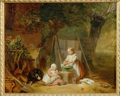Die Puppenwaesche im Garten - Dukkevasketøj i haven ... (olie på træ) af Peter Fendi