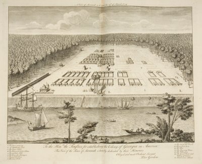A View of Savannah, som den stod den 29. marts 1734, indgraveret af P. Fourdrinier, London, ca. 1735 (gravering) af Peter Gordon