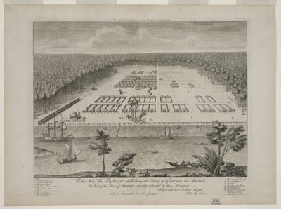 A View of Savannah, som den stod den 29. marts 1734, indgraveret af P. Fourdrinier, London, ca. 1735 (gravering) af Peter Gordon