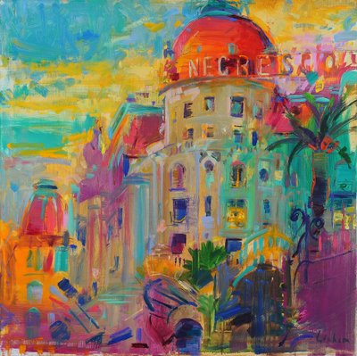 Promenade des Anglais, Auringonlasku, 2023 (öljy kankaalle) af Peter Graham