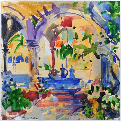 Stanford Cloisters, Californien, 2022 (akvarel) af Peter Graham