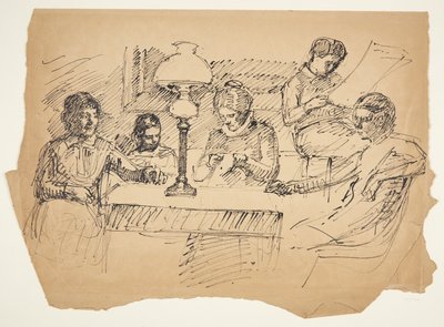 Kunstnerens familie siddende omkring et bord med en petroleumslampe af Peter Hansen