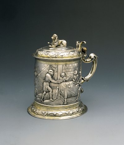 Tankard, kroppen forkaster og jages med Jakob, der kæmper med englen, og Abraham og Sara, der giver gæstfrihed til Treenigheden, Danzig, ca. 1690 (pakke forgyldt sølv) af Peter III Rohde