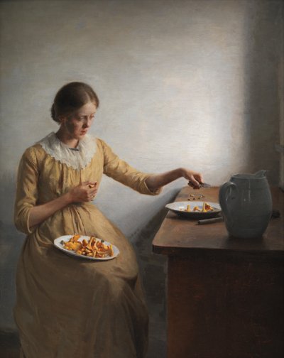 En ung pige, der forbereder kantareller af Peter Vilhelm Ilsted