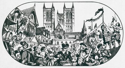 En messe finder sted i en gade foran Lincoln Cathedral (litografi) af Peter Jackson