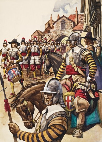 En gruppe pikemænd fra New Model Army marcherer ind i kamp anført af en trommeslager (gouache på papir) af Peter Jackson