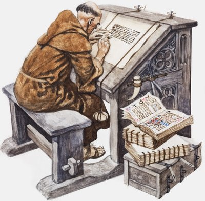 En munk ved sit skrivebord i et scriptorium (gouache på papir) af Peter Jackson