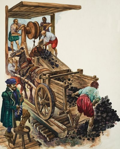 En tæller noterer, hvor mange læs kul der forlader minen, mens en minearbejder fylder en vogn, og andre hejser mere op til overfladen (gouache på papir) af Peter Jackson