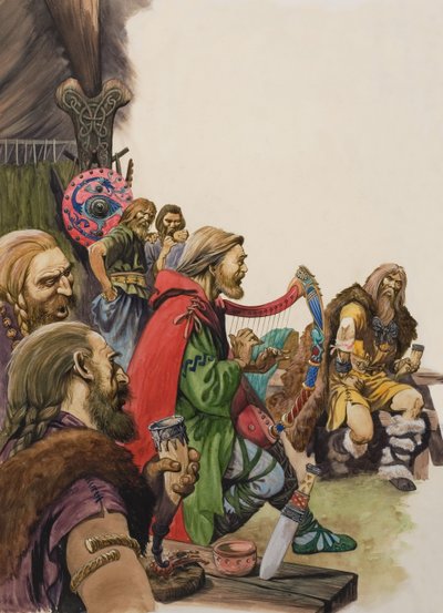 Alfred (849-899) forklædt som spillemand i kong Guthrums lejr (gouache på papir) af Peter Jackson