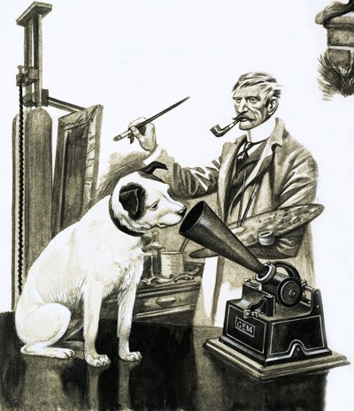 Kunstner maler hunden og lytter til en grammofon af Peter Jackson