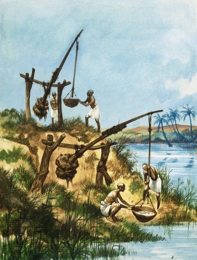 Tidlige egyptere brugte et system af vægte og pæle kaldet shadoofs for at få vand fra Nilen af Peter Jackson