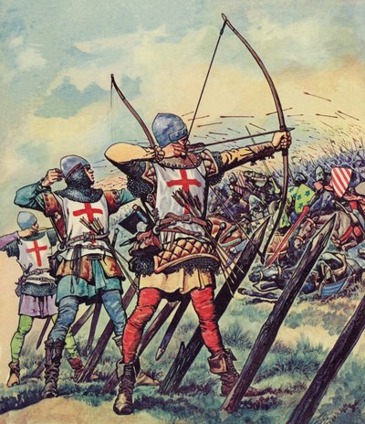 Engelske bueskytter ved slaget ved Crecy (farve litho) af Peter Jackson