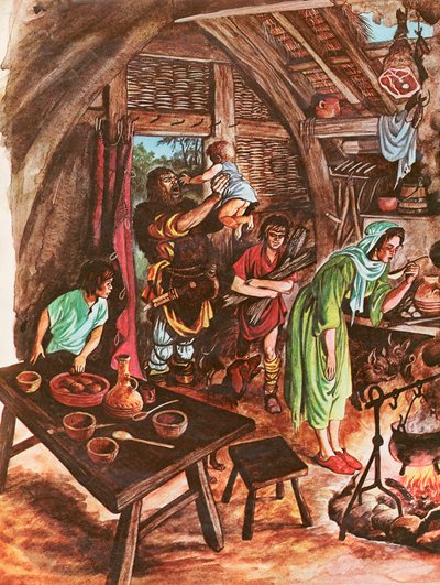 Inde i en bondes hjem (gouache på papir) af Peter Jackson