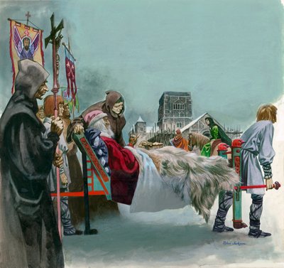 Kong Edward, senere Saint Edward the Confessor, overvåger bygningen af Westminster fra et kuld, hvor han ligger syg af Peter Jackson
