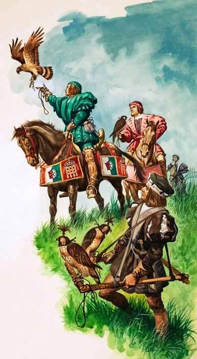 Kong Henrik VII løslader sin falk under jagt (gouache på papir) af Peter Jackson