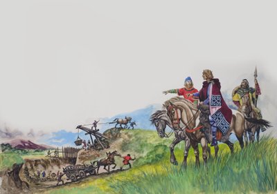 Kong Offa (757-96) ser sit dige blive bygget (gouache på papir) af Peter Jackson
