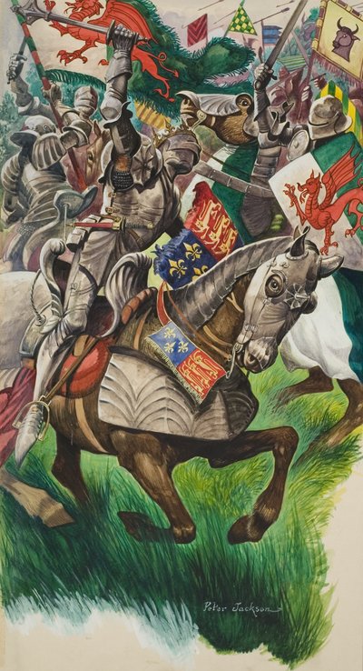 Kong Richard (1452-85) og Henry Tudor (1457-1509) på slagmarken ved Market Bosworth i 1485 (gouache på papir) af Peter Jackson