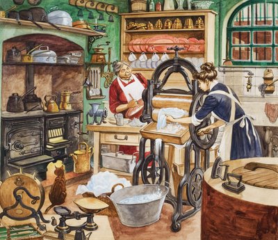Nineteenth Century Kitchen (gouache på papir) af Peter Jackson