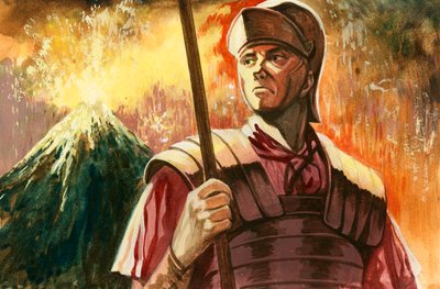 Romersk soldat med Vesuv i udbrud bagved af Peter Jackson