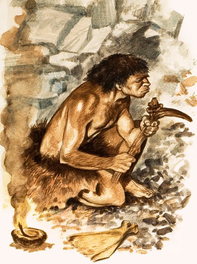Stenalderværktøjsmager (gouache på papir) af Peter Jackson