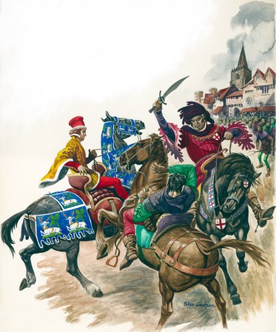Londons borgmester angriber Wat Tyler (d.1381) (gouache på papir) af Peter Jackson