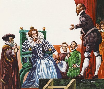 William Shakespeare præsenterer et af sine skuespil for dronning Elizabeth I af Peter Jackson