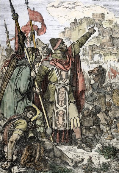 Barbarinvasion: "" Hunnernes konge Attila (406-453) pågrebet for at belejre byen Aquilee i Italien ser sammen med sine soldater af Peter Johann Nepomuck Geiger