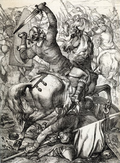 Slaget ved Hastings udkæmpede den 14. oktober 1066 mellem den normannisk-franske hær af hertug William II af Normandiet og en engelsk hær under den angelsaksiske kong Harold II, under den normanniske erobring af England Drawing a la pen Historically tires  af Peter Johann Nepomuck Geiger