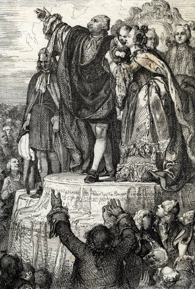Fejring af det første nationale forbund den 14. juli 1790 på fædrelandets alter i Champs-de-Mars, i anledning af et årsdagen for erobringen af Bastillen: Kong Ludvig XVI, omgivet af sin familie, der aflagde ed på udgøre af Peter Johann Nepomuck Geiger