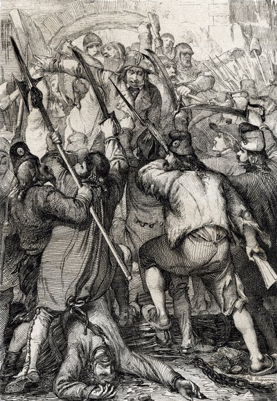 Den franske revolution: Den bevæbnede og rasende befolkning kommer ind via vindebroen og myrder garnisonen og guvernøren under stormen af Bastillen af Peter Johann Nepomuck Geiger