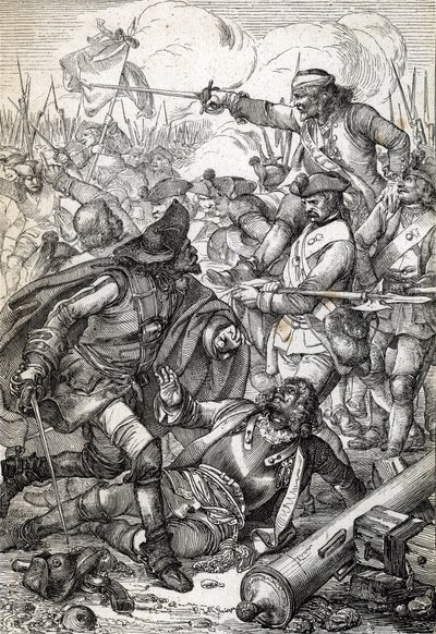 Store Nordlige Krig: "" Slaget ved Poltava (eller Pultawa) mellem Armee af Peter I af Rusland og tropperne fra Charles XII af Sverige, 8/07/1709"" (Den Store Nordlige Krig: Slaget ved Poltava, 8. juli 1709 ) Fjertegning fra “” Historische Memorabilian des af Peter Johann Nepomuck Geiger