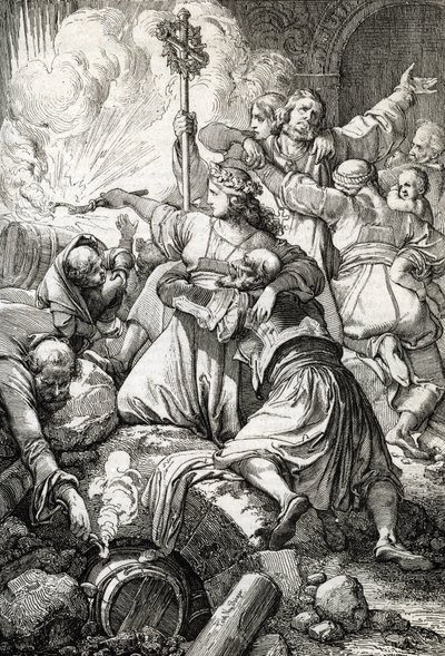 Græsk uafhængighedskrig: Den tredje af Missolonghi mellem det osmanniske imperium og de græske oprørere, fra 15. april 1825 til 10. april 1826: Mange af grækerne dræbte sig selv ved at sprænge sig selv med krutt snarere end overgivelse efter fejlen E af Peter Johann Nepomuck Geiger