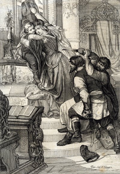 Moskva-oprøret i 1682 (ophævelse af streltsyen i 1682): Tsarina Natalia Narychkina beskytter sin søn prins Peter (1672-1725) mod angreb fra streltsyerne (strelets), Rusland (Moskva-oprøret i 1682 eller streltsy-oprøret: Tsarrysh-protesten Natalia Natalia af Peter Johann Nepomuck Geiger