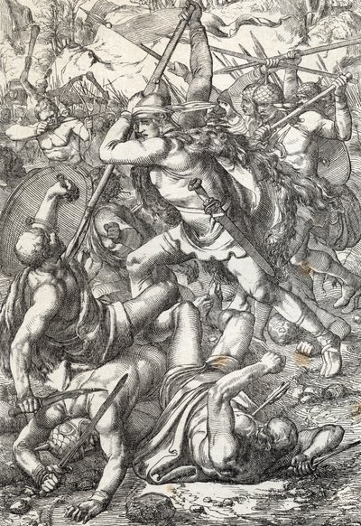 Repræsentation af erobreren Pelage (Pelagius eller Pelayo) (død 737) konge af Asturien triumferende mod saracenerne, 719 Covadonga, Spanien af Peter Johann Nepomuck Geiger