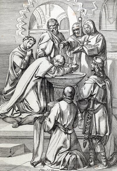 Repræsentation af Saint Augustine af Canterbury (død 604), sendt til England af pave Gregoire den Store i 596 for at omvende angelsakserne - Han er her før Ethelbert, angelsaksisk konge af Kent (552? -616), som han døbte i 597 (Augustin, første biskop o af Peter Johann Nepomuck Geiger