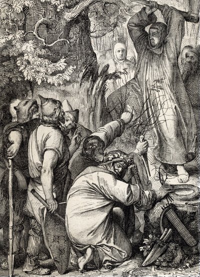 Repræsentation af den hellige Bonifatius af Mainz (680-754), der fælder Thors eg for at overbevise druiderne om, at det ikke er et helligt træ (Saint Boniface (Bonifacius), der ødelægger Thors eg (Donar eller Joves eg) af de germanske hedningers hellige tr af Peter Johann Nepomuck Geiger